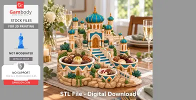 Ornate 3D-printed Arabian palace organizer with domes, steps, and bowls on a dining table.