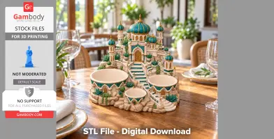 Intricately designed Arabian palace organizer with domes and stairs, featuring teal accents and small planters.