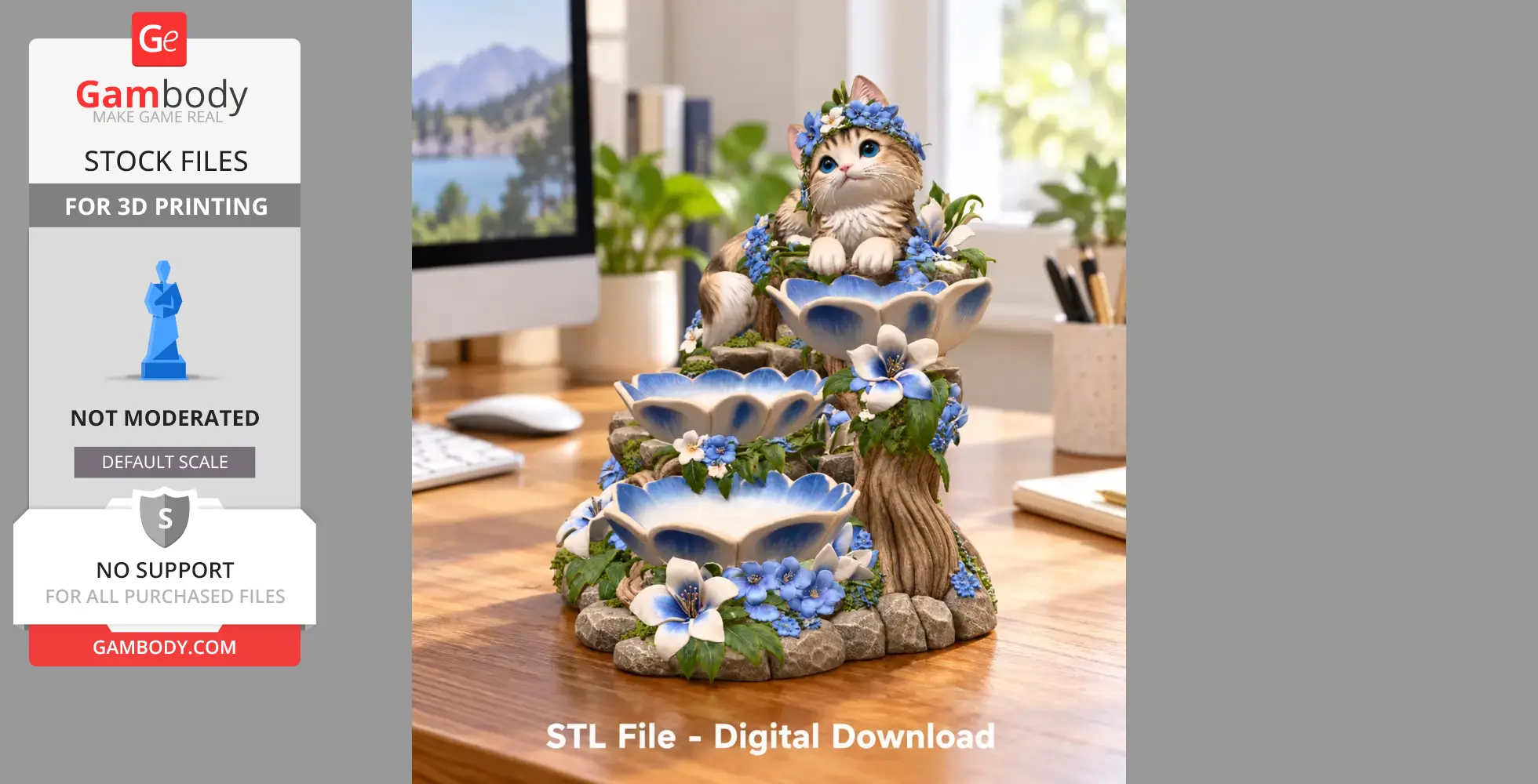 A decorative cat-themed organizer with floral elements and bowls, suitable for 3D printing.
