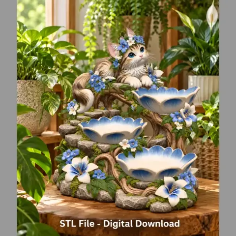 Decorative cat atop a tiered floral organizer, adorned with blue and white flowers.