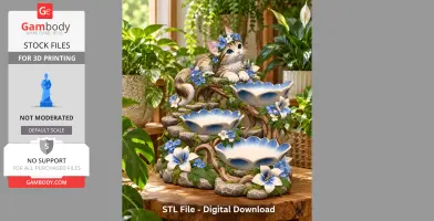 A cute cat figurine with blue flowers and dish-like tiers on a decorative stand surrounded by plants.