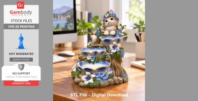 A decorative cat-themed organizer with floral elements and bowls, suitable for 3D printing.