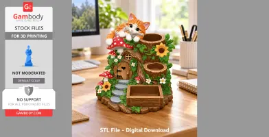 Whimsical orange cat organizer with flowers and mushrooms, ideal for 3D printing.