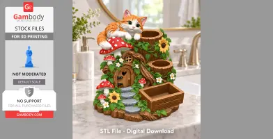 A whimsical organizer featuring a cute orange cat among mushrooms and flowers, designed for 3D printing.