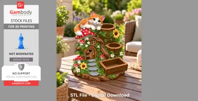 A whimsical organizer with an orange cat atop a mushroom house, adorned with flowers and greenery.