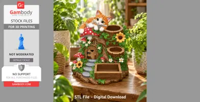 A whimsical cat figurine atop a fairy-tale house organizer, adorned with flowers and mushrooms.