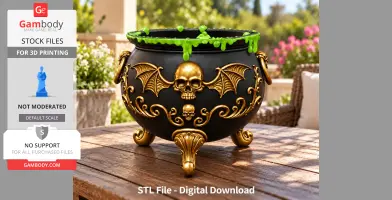 Gothic cauldron organizer with gold skull and bat designs, dripping green substance.
