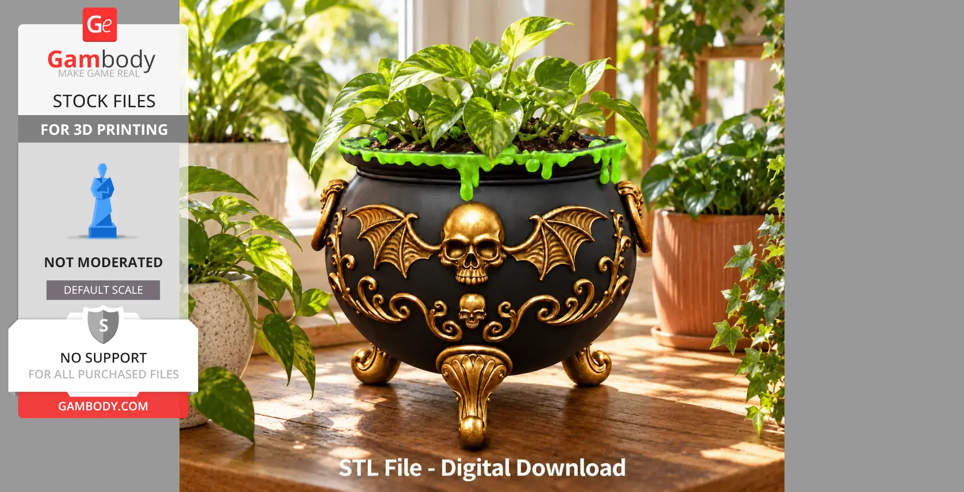 Black cauldron with gold skull and bat wing designs, green ooze detail, used as a plant holder.