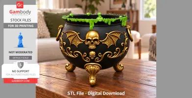 A black cauldron with gold skull and wing designs, green drips around the rim, on ornate golden legs.
