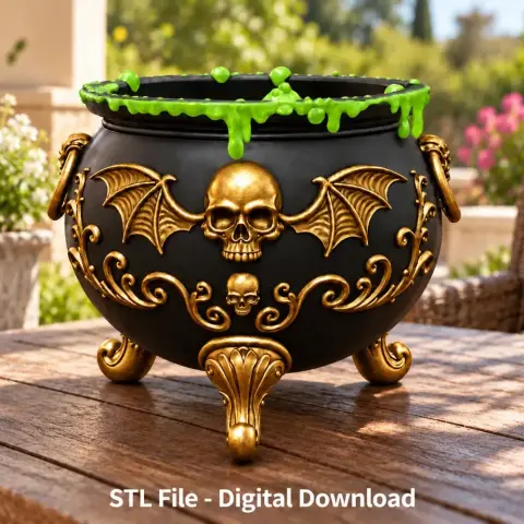 A black cauldron with gold skull and bat designs, green slime, and ornate legs, for 3D printing.