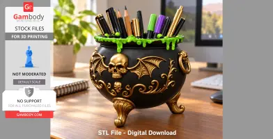 Gothic-style cauldron organizer with gold skull and bat motifs, holding pens and pencils, with green ooze.