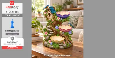 A decorative tree-shaped organizer with birdhouse, birds, flowers, and tiered floral bowls on a table.