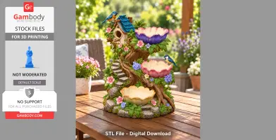 Floral birdhouse tree organizer with colorful bird figures, suitable for 3D printing.