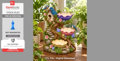 Birdhouse tree organizer with colorful flower bowls, birds, and stairs amid lush greenery.