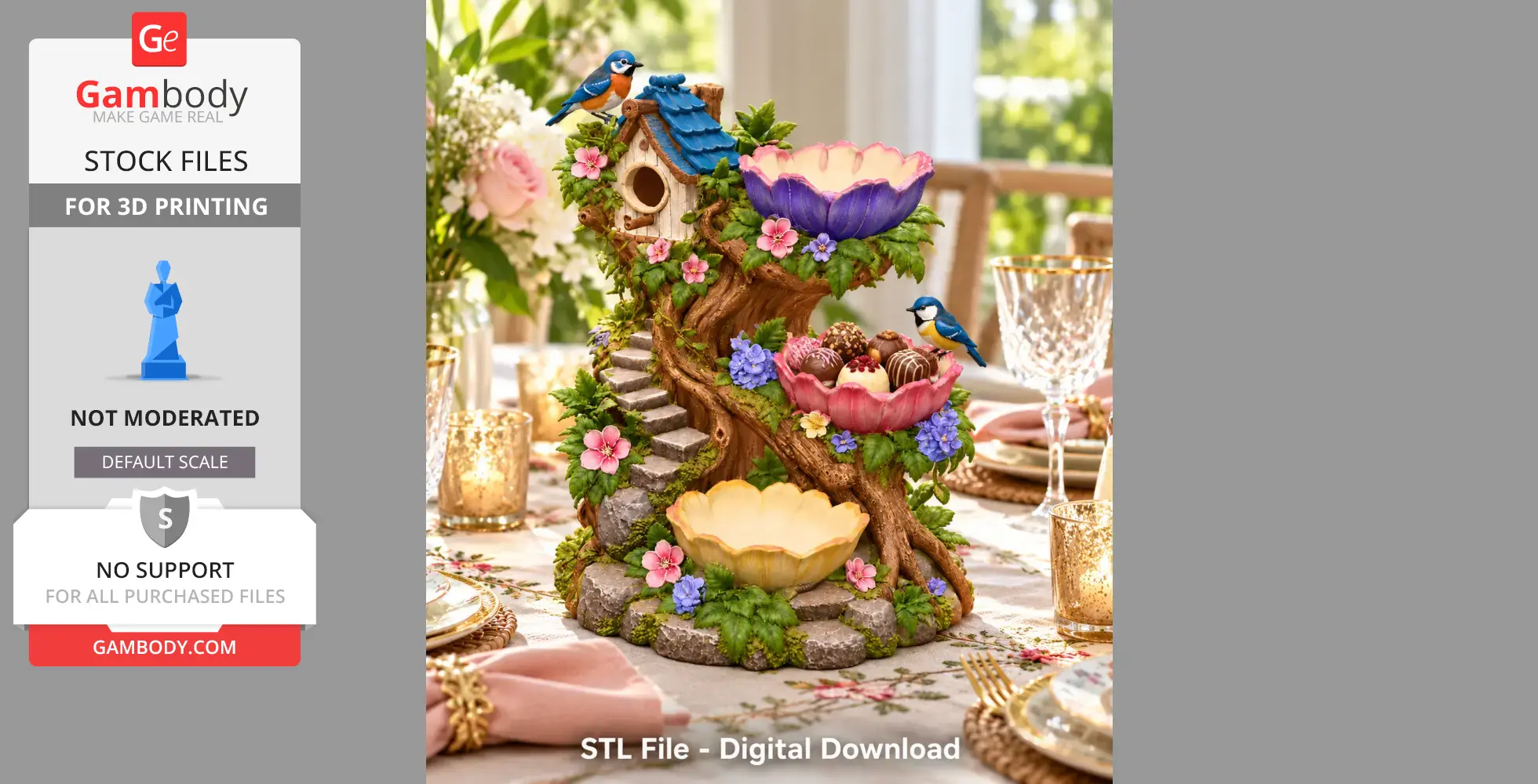 Whimsical birdhouse tree organizer with colorful flowers, birds, and tiered bowls for decoration.