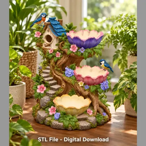 A whimsical birdhouse perched on a tree with colorful flowers and bowls, styled as an organizer.