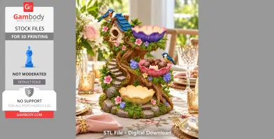 Whimsical birdhouse tree organizer with colorful flowers, birds, and tiered bowls for decoration.
