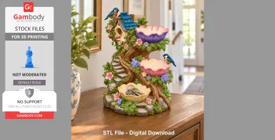 Decorative tree-shaped organizer with birdhouse, colorful flowers, and bowls on a tabletop.