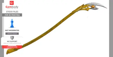 Golden staff with intricate design, featuring a pointed end and a glowing orb, suitable for 3D printing.