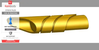 A 3D model of a sleek, gold, spiraling tip of a staff designed for 3D printing.