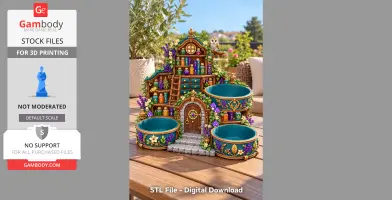 Colorful, whimsical herb garden organizer with tiers, drawers, pots, and a small owl perched on top.