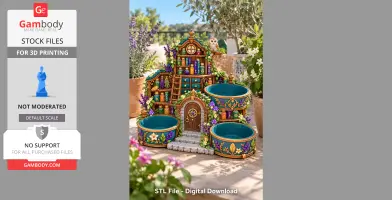 Miniature herb garden organizer with colorful vials, floral details, and owl figurine for 3D printing.