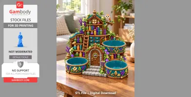 Enchanted miniature herb garden organizer with shelves, pots, bottles, and an owl on top. Ideal for 3D printing.
