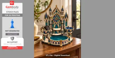 Detailed Gothic cathedral-themed organizer with blue accents, holding keys, for 3D printing.