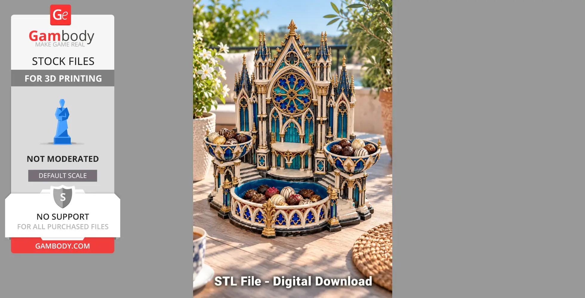 Gothic cathedral-inspired organizer with intricate design, filled with assorted chocolates.