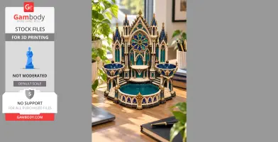 A detailed 3D-printed organizer resembling a Gothic cathedral with blue and gold accents sits on a desk.