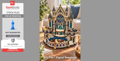 Gothic cathedral-themed organizer with intricate details, displaying chocolates and gadgets.