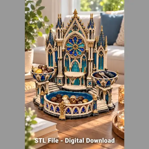 Gothic-style cathedral organizer for small items, featuring intricate blue and gold details.