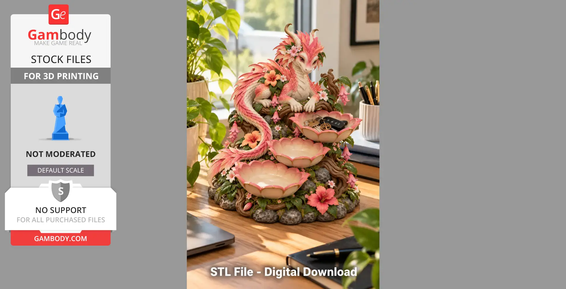 A pink dragon sits atop a decorative floral bowl organizer, designed for 3D printing.