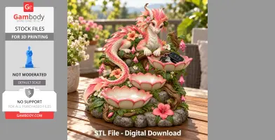 Adorable pink dragon with floral details sits atop stacked flower-shaped bowls on a rocky base.