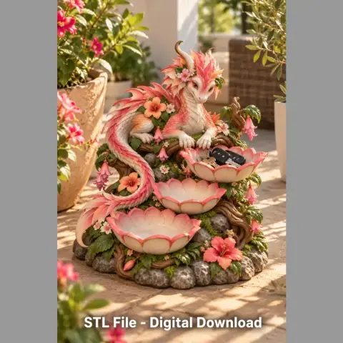 A colorful dragon rests atop decorative bowls with flowers, designed as a 3D printable organizer.