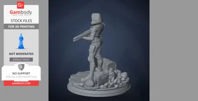 A 3D model of an armored character with a helmet holding a large weapon, standing on detailed terrain.