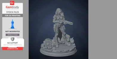 A hooded character in tactical gear holding a gun, standing on a detailed base with gear and foliage.