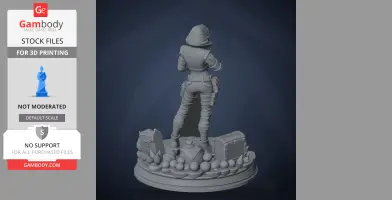 A 3D model of a hooded character in tactical gear, standing on a detailed base with rocks and a crate.