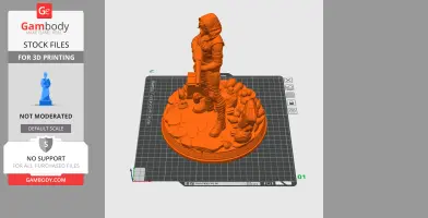 A standing hooded character with a gun on a detailed rocky base, designed for 3D printing.
