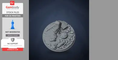 A 3D model of an armored character with a gun on a round, detailed base with scattered objects.
