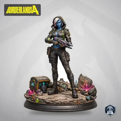 A hooded figure with a gun stands on a rocky base, surrounded by colorful crystals and debris.