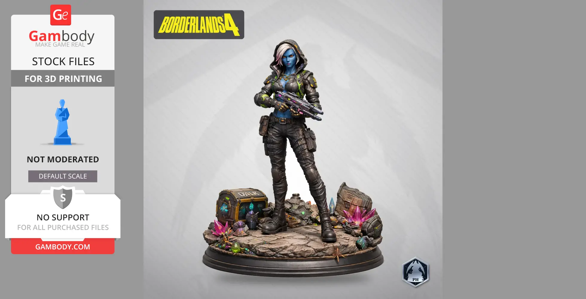 A blue-skinned character with a hood and gun stands on a rocky base with crystals and crates.