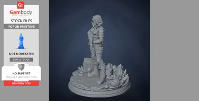 A hooded character figure from Borderlands, holding a gun, stands on a detailed base with rocks and items.