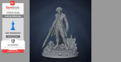 A detailed 3D figure of a character holding a sword, wearing a coat, standing on a decorated base.