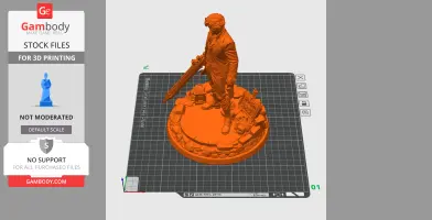A 3D model of a character figure standing on a detailed base, holding a large sword, ready for printing.