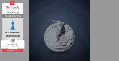 A detailed 3D model of a character holding a sword, standing on a decorative base.