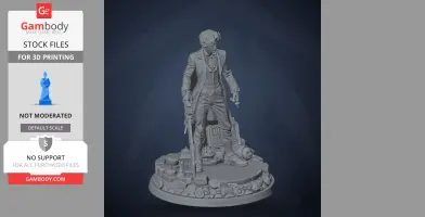 A detailed 3D model of a character in a suit holding a sword, standing on a decorated base.