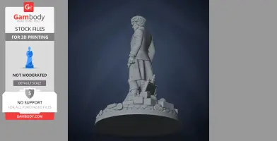A detailed 3D model of a character in a coat holding a dagger, standing on a decorated circular base.