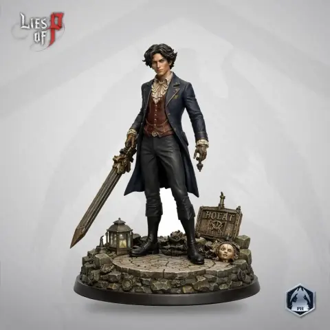 A detailed 3D model of a character with a sword, standing on a cobblestone base with a lantern and plaque.