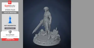 A detailed 3D figure of a character holding a sword, standing on a decorated circular base.